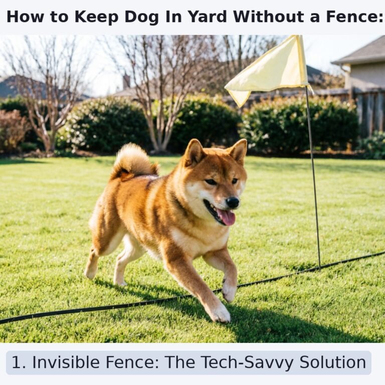 A medium-sized dog joyfully running in a suburban backyard with no physical fence