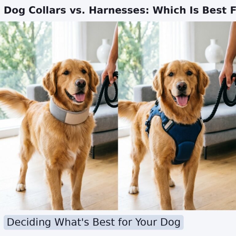 A side-by-side comparison image showing a dog wearing a comfortable collar on the left and a no-pull harness