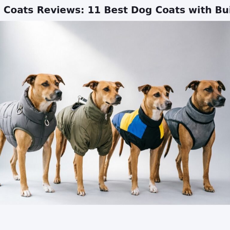 A side-by-side comparison of four different dog coats with built-in harnesses or harness holes