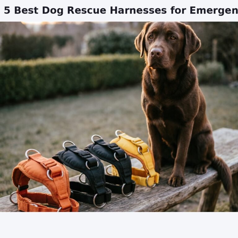 A split image showing five different dog rescue harnesses laid out side by side on a rustic wooden bench