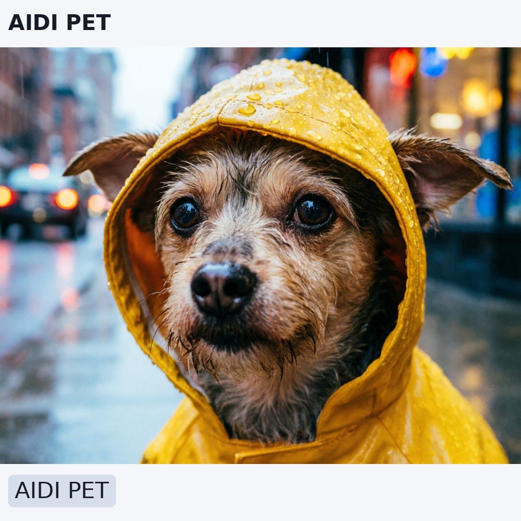 Close-up of a small dog's face peeking out of a waterproof raincoat hood