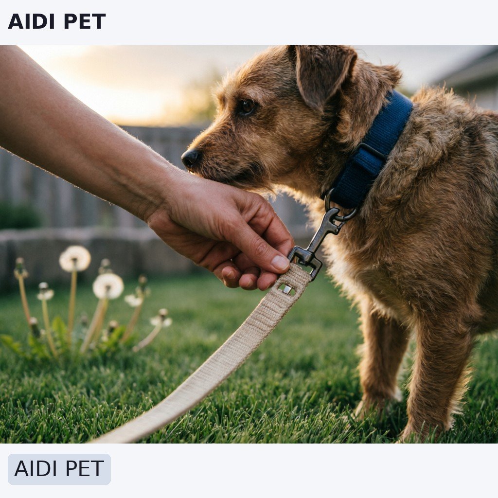 Close-up of a hand attaching a tie-out cable to a dog's collar in a grassy yard