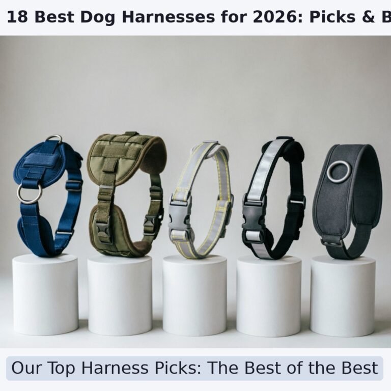 A photorealistic side-by-side comparison of five top-rated dog harnesses on a neutral background. Show a