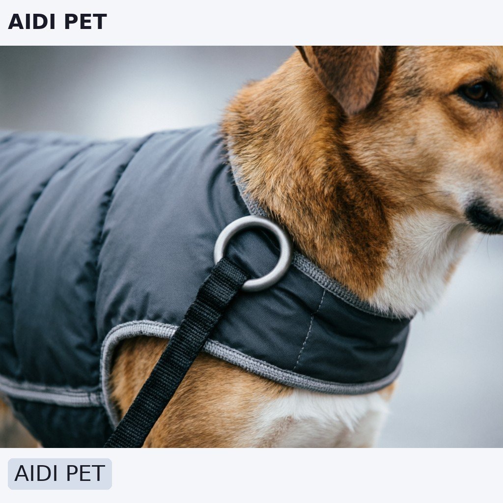 Close-up of a dog wearing a padded coat with a built-in harness