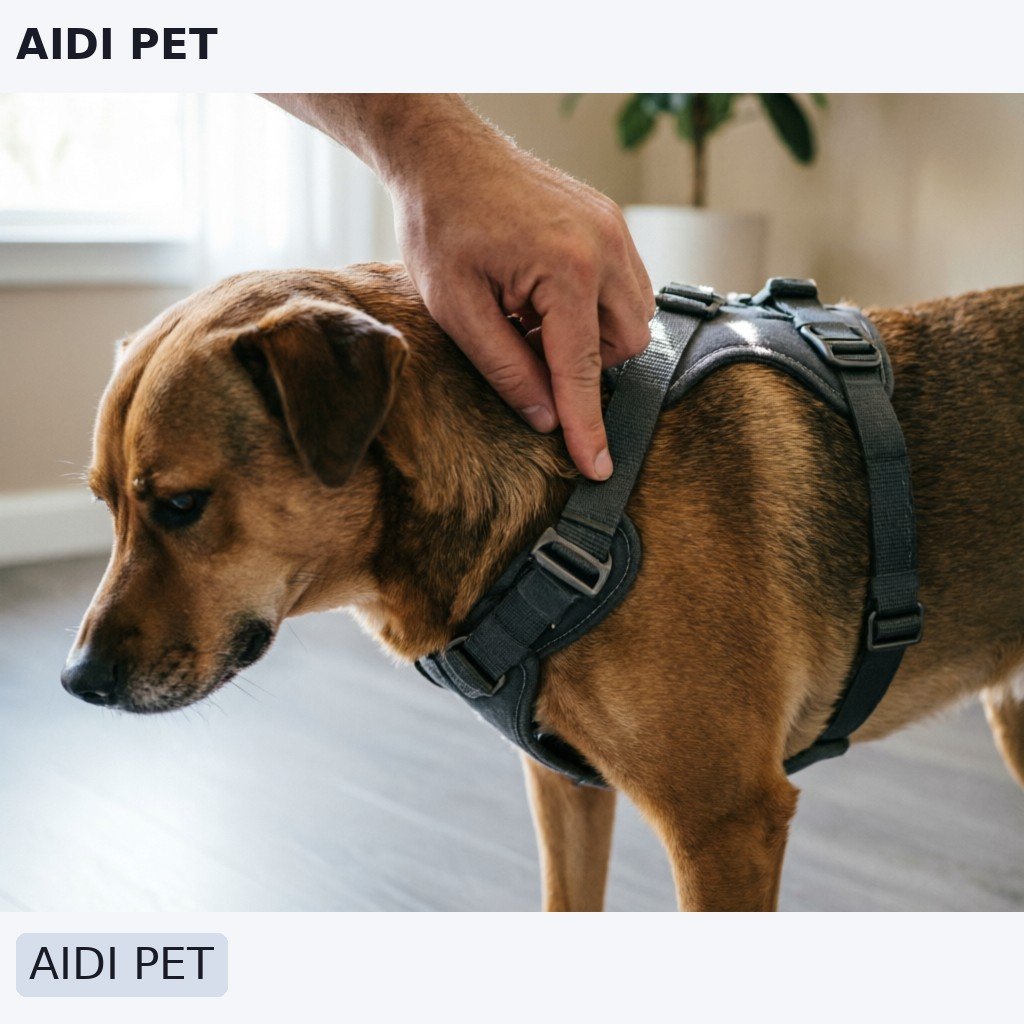 Close-up of a dog owner doing the two-finger T-shirt trick check on a snug-fitting harness