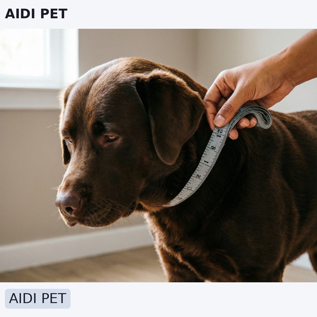 A person's hand holding a flexible tape measure around the neck of a calm Labrador