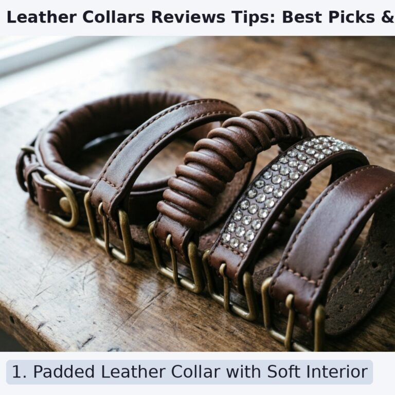 A close-up photo of five different leather dog collars laid side by side on a rustic wooden table