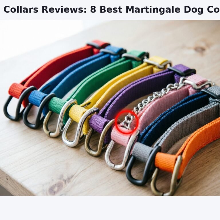 A side-by-side comparison image of eight different colored nylon martingale dog collars laid out on a light