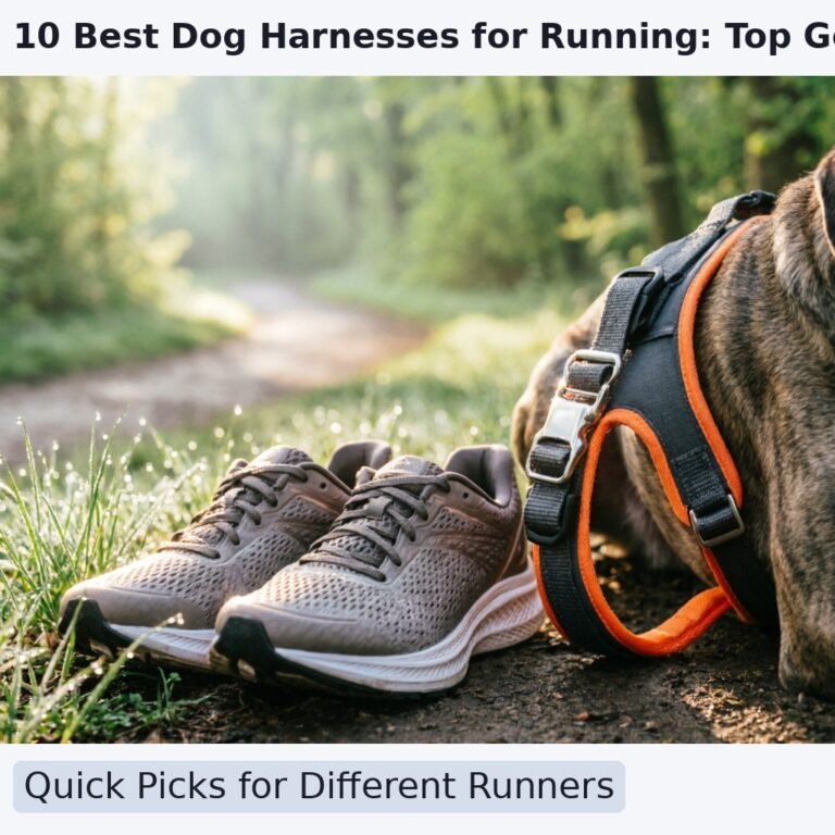 A fit pair of a runner's sneakers and a dog's running harness (front clip and back clip visible) lying