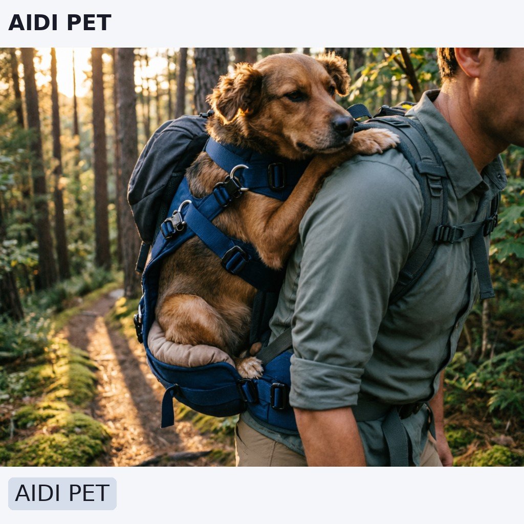 A hiker carrying a medium-sized dog on their back using a rescue harness