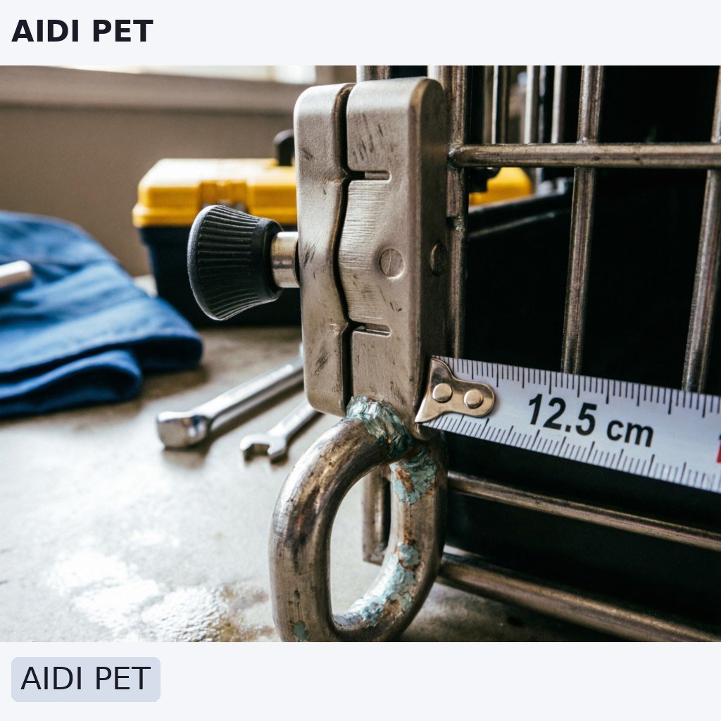 Close-up of a dog crate's locking door mechanism and tie-down anchor point