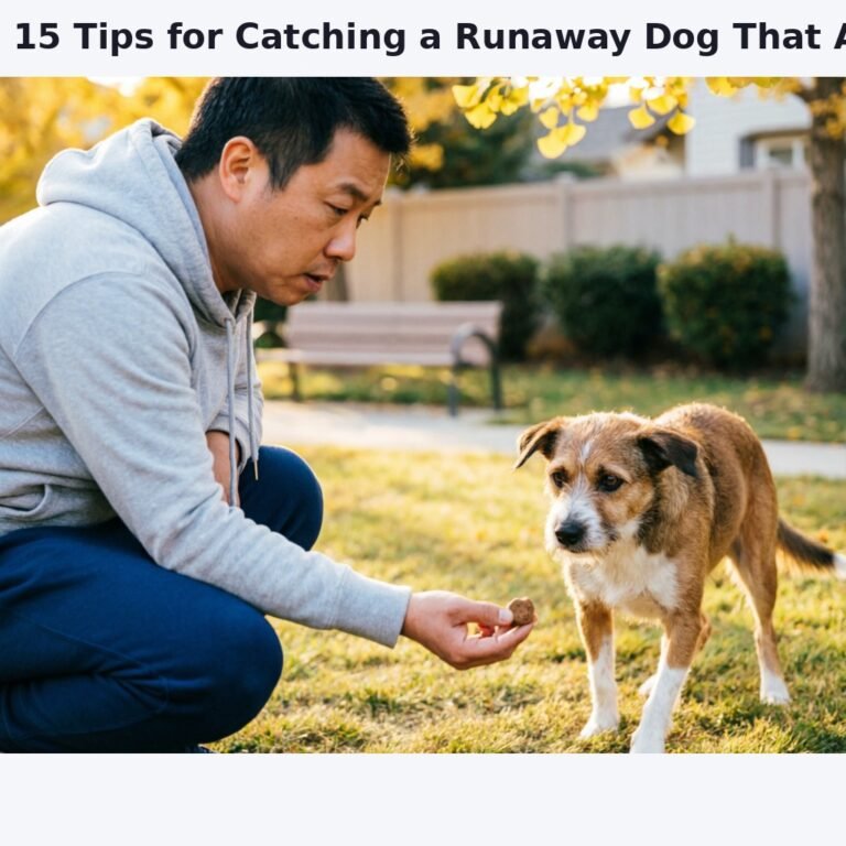 A worried dog owner crouching down low to the ground