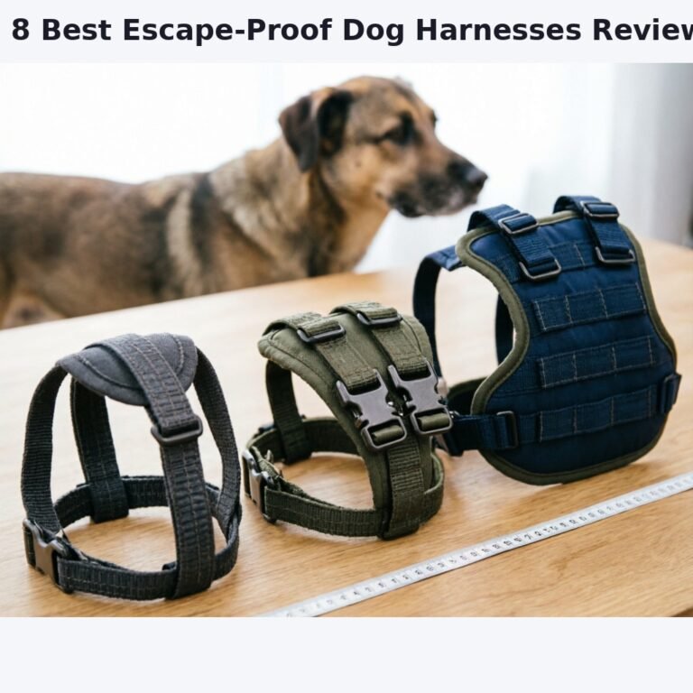 Side-by-side comparison of five different escape-proof dog harnesses on a wooden table