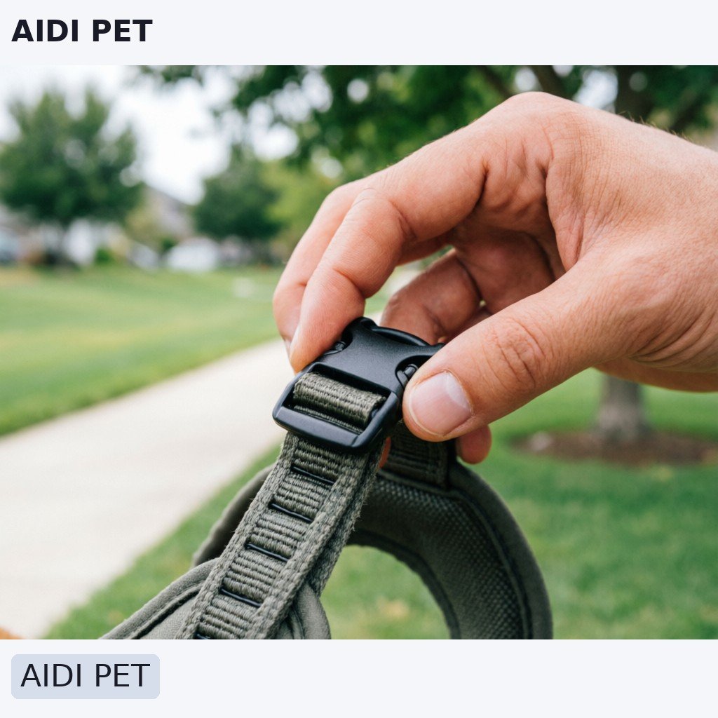 A close-up photo of a human hand adjusting a buckle strap on a padded chest plate of a modern dog harness