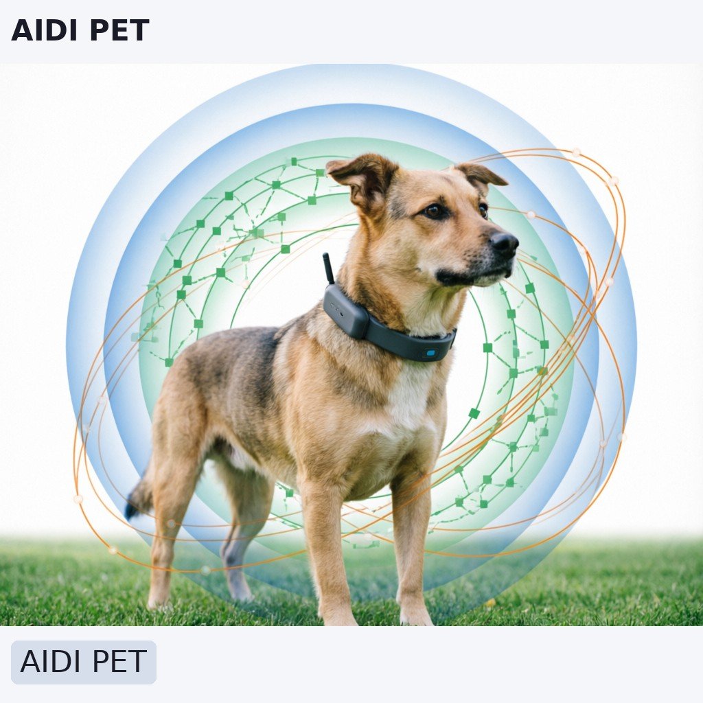 4 Best Dog GPS Trackers: Collars for Canine Safety 1 A stylized digital illustration of a medium-sized dog wearing a GPS collar in a grassy park. Around the dog
